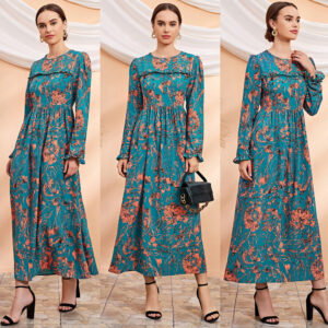 Elegant Floral Maxi Sundress Long Sleeve Oneck Islamic Ramadan Party Dress - 1