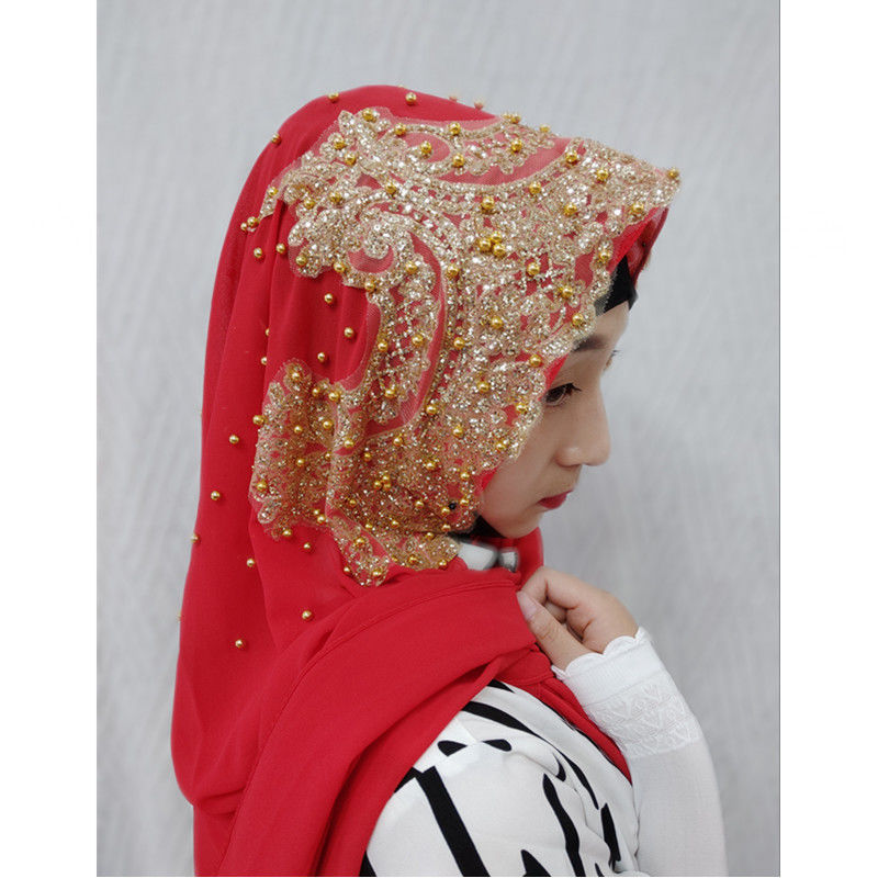 Elegant Long Chiffon Turkish Turban Hijab With Luxury Beads For Muslim Women - 11