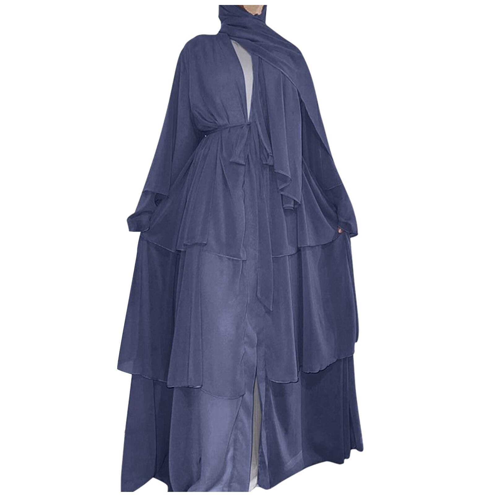 Elegant Threelayer Chiffon Abaya Muslim Ramadan Dress With Stitching Detail - 10