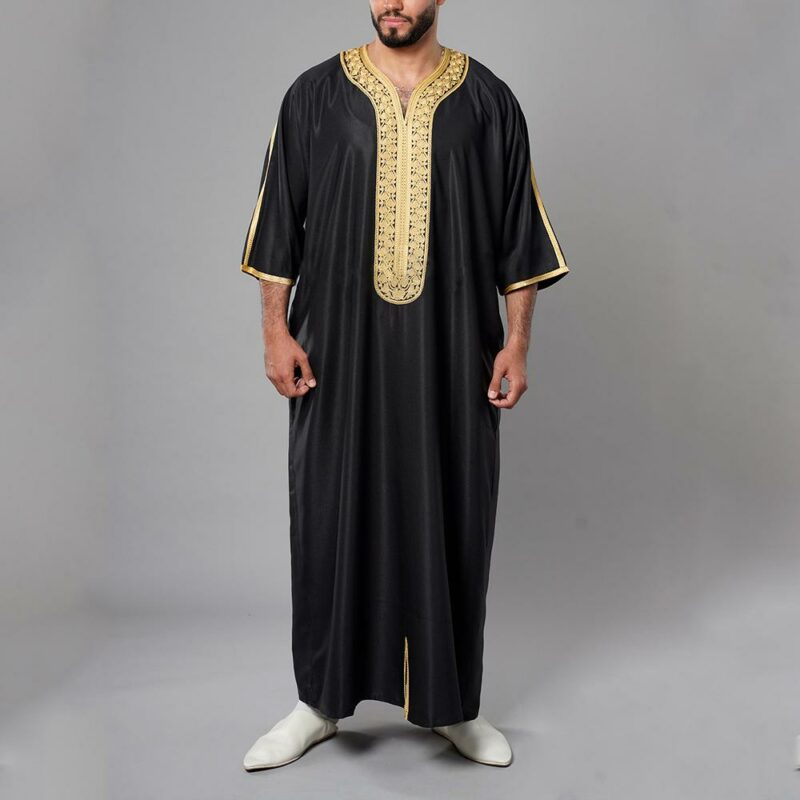 Black Saudi Arabia Islamic Mens Kurta Jubba Thobes Arabic Kaftan Abaya - 1