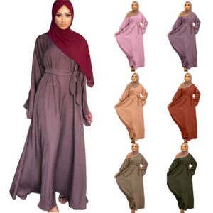 Elegant Dubai Abaya Hijab Muslim Long Dress With Sash For Women - 1