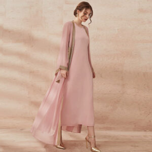 Pink Chiffon Abaya Kimono Set Modest Muslim Womens Fashion - 1