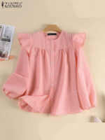 Zanzea Elegant Oneck Muslim Blouse With Puff Sleeves And Grid Print - 5