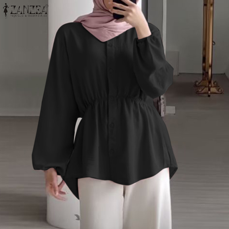 Zanzea Muslim Fashion Blouse Solid Color Puff Sleeve Eid Islamic Top - 18