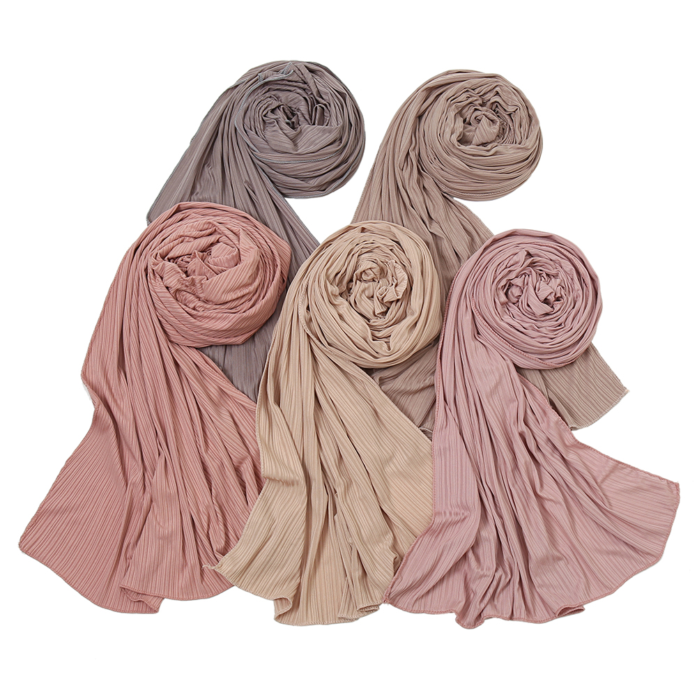 Long Solid Muslim Pleated Jersey Hijab Shawl Stripe Scarf For Women - 10