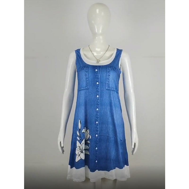 Floral Dot 3d Print Aline Dress Blue Sleeveless Kneelength Womens - 10