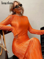 Autumn Womens Long Sleeve Orange Bodycon Midi Dress - 1