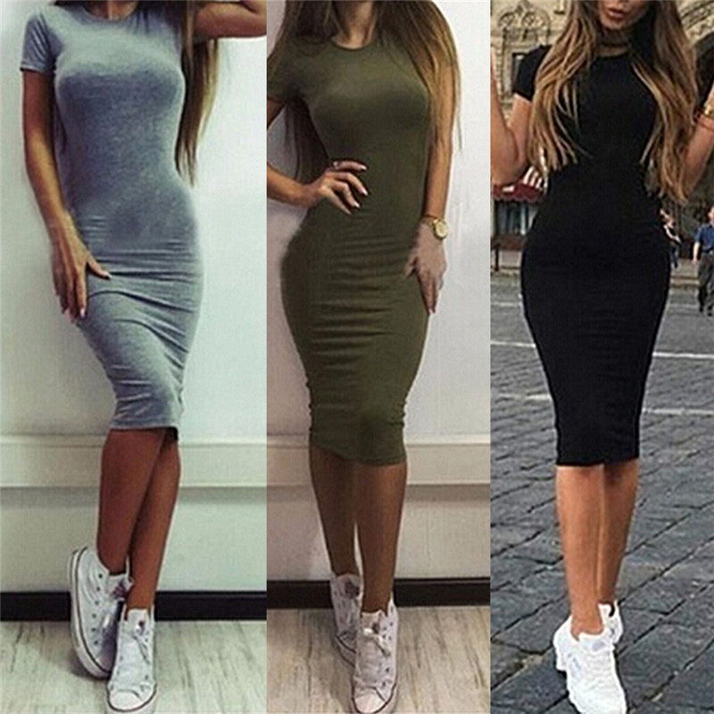 Womens Bodycon Summer Dress Short Sleeve Kneelength Office Beach Wear - 11