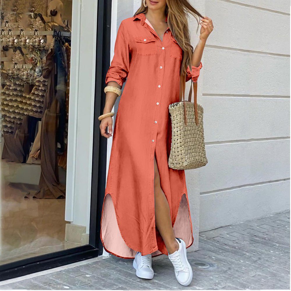 Autumn Womens Long Sleeve Maxi Shirt Dress With Turndown Collar - 16