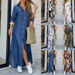Casual Denim Shirt Dress With Pockets Long Sleeve Autumn Print - 2