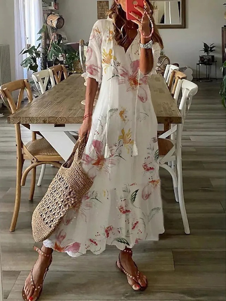 Bohemian V Neck Dress Vintage Print Short Sleeve Womens Summer Beachwear - 25