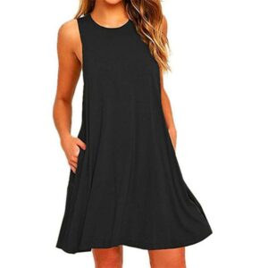 Summer Womens Casual Loose Oneck Dress In Black Blue White - 1