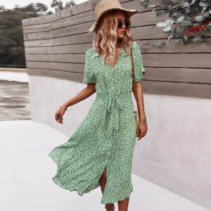 Vintage Floral High Waist Boho Dress Womens Summer Beach Wear - 1