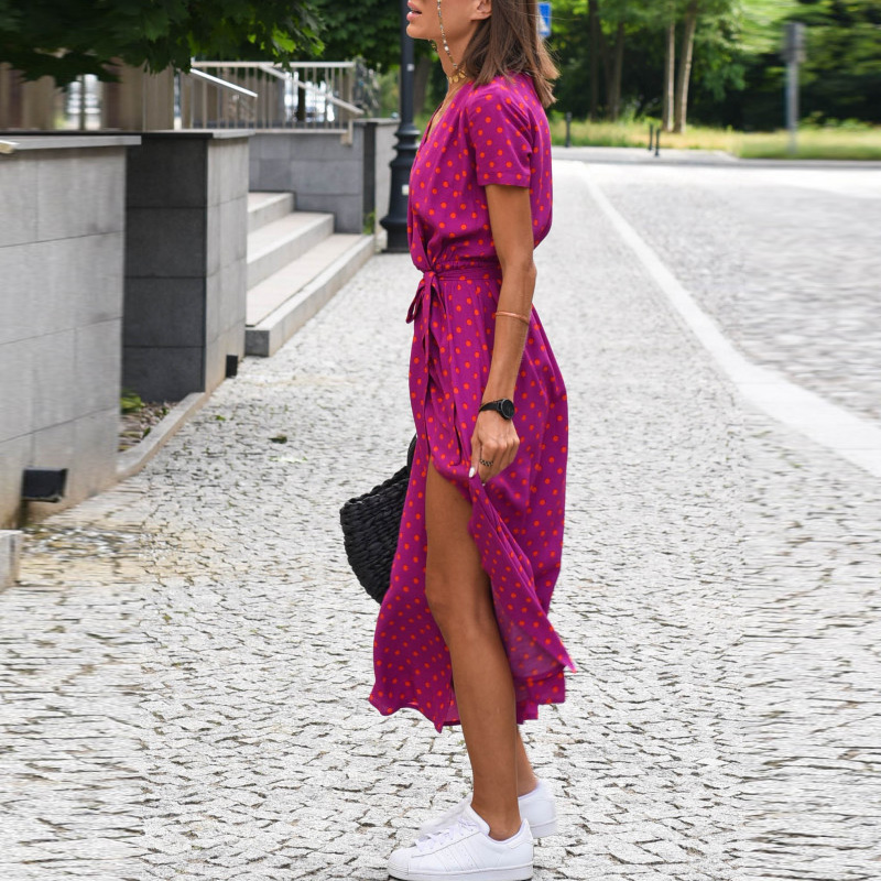 Summer Floral Print Vneck Dress With Sexy Split Laceup Detail - 28