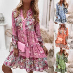 Womens Bohemian Floral Print Vneck Pleated Long Sleeve Beach Dress - 6