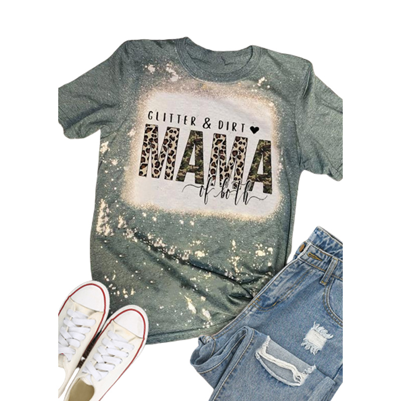 Womens Vintage Camo Leopard Graphic Tee Glitter Dirt Mom Shirt - 6