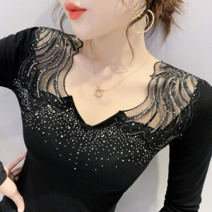 Handmade Autumn Diamond Embroidery Mesh Tshirt For Women Slim Fit - 1