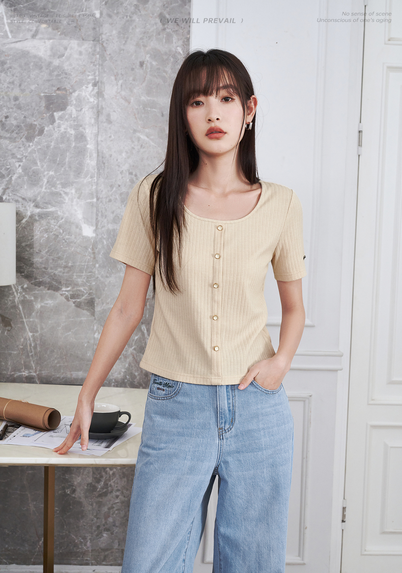 Summer Toyouth Womens Slim Fit Uneck Knitted Tshirt Chic Apricot - 7
