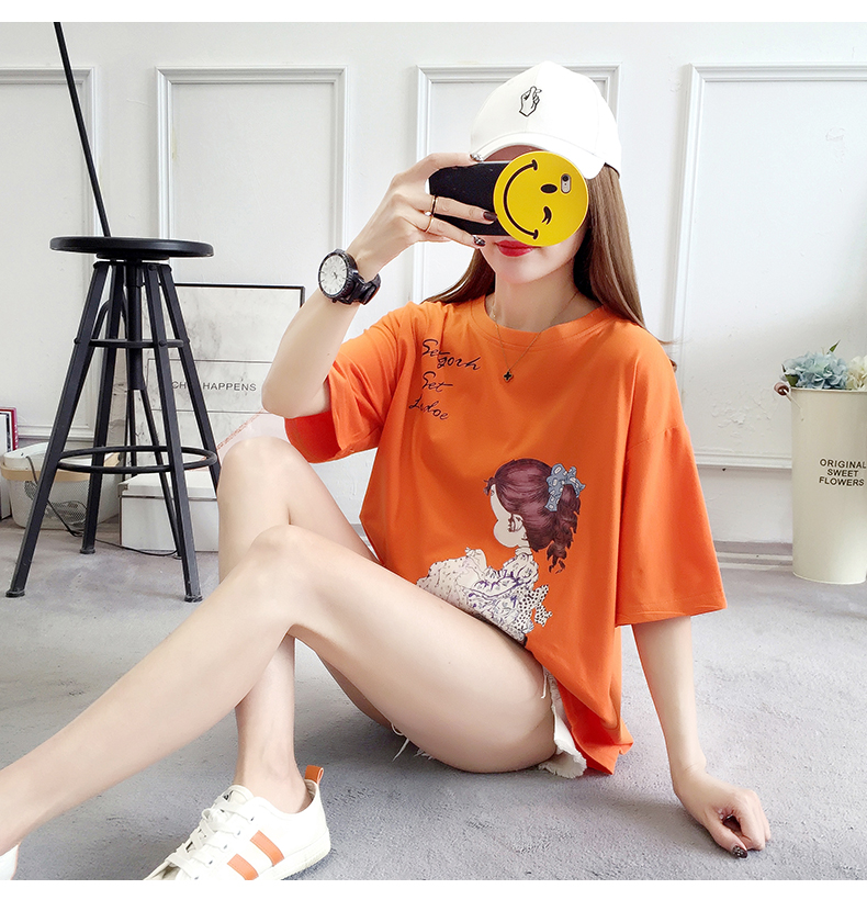 Womens Red Cotton Casual Tshirt Large Size Short Sleeve Cartoon Print - 19