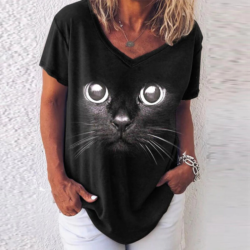 Womens Kawaii 3d Cat Print Vneck Blouse Black Oversized Summer Top - 1