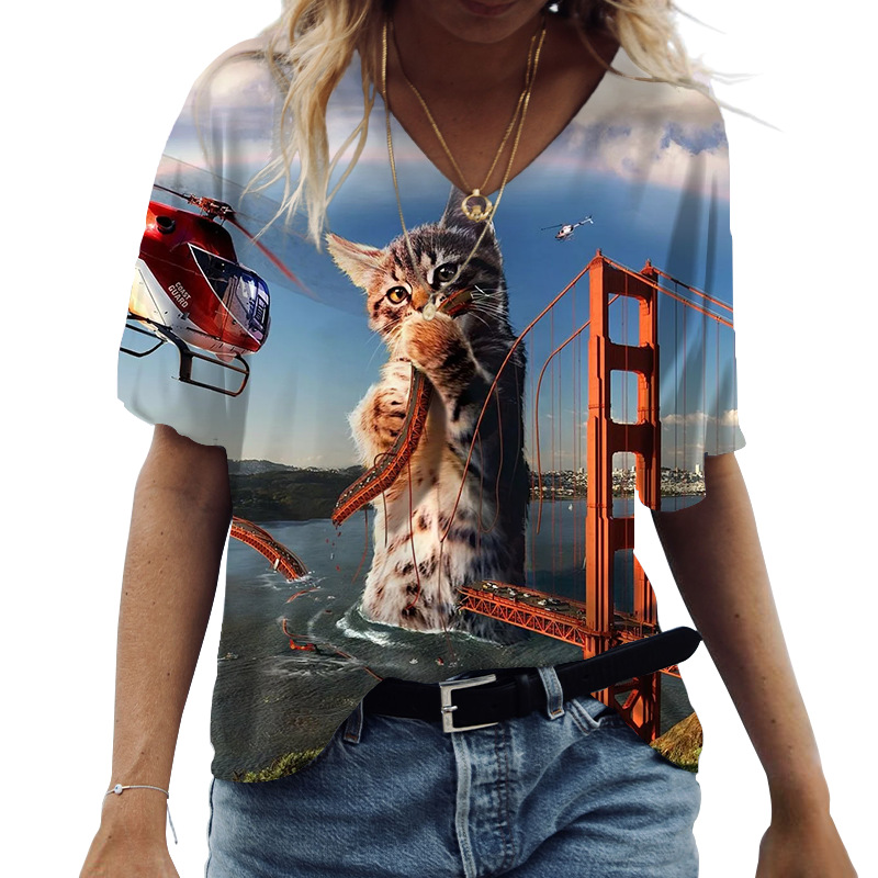 Womens Vneck Summer Tees With Cute Cat Prints Kawaii Streetwear - 25