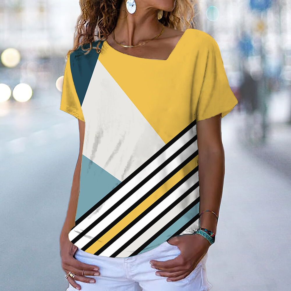 Womens Casual Striped Patchwork Tshirt Oversized Harajuku Style Fashion Tee - 33