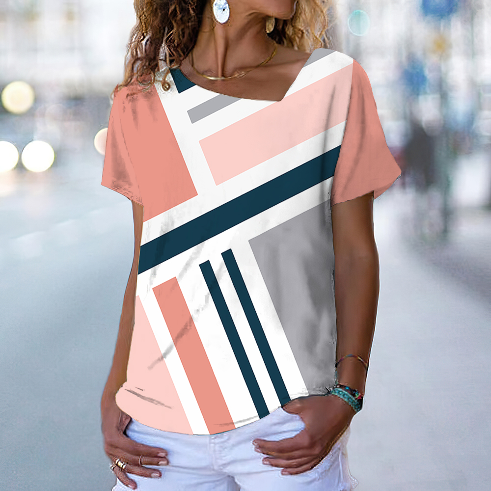 Womens Casual Striped Patchwork Tshirt Oversized Harajuku Style Fashion Tee - 34