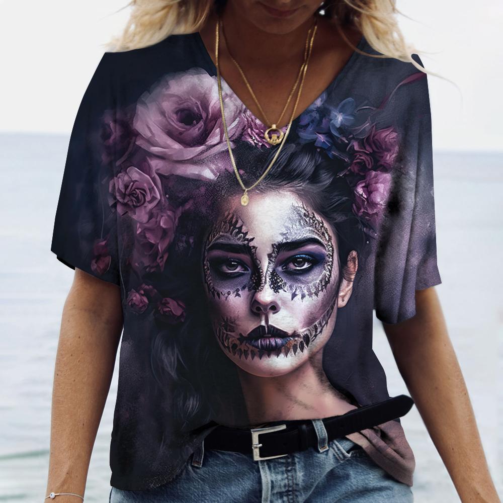 Vintage Skull Womens Cotton Tshirt Vneck Punk Streetwear Top - 39