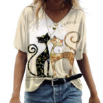 Womens Summer Vneck Tshirt With Kawaii Cat Print Casual Fashion Tee - 1