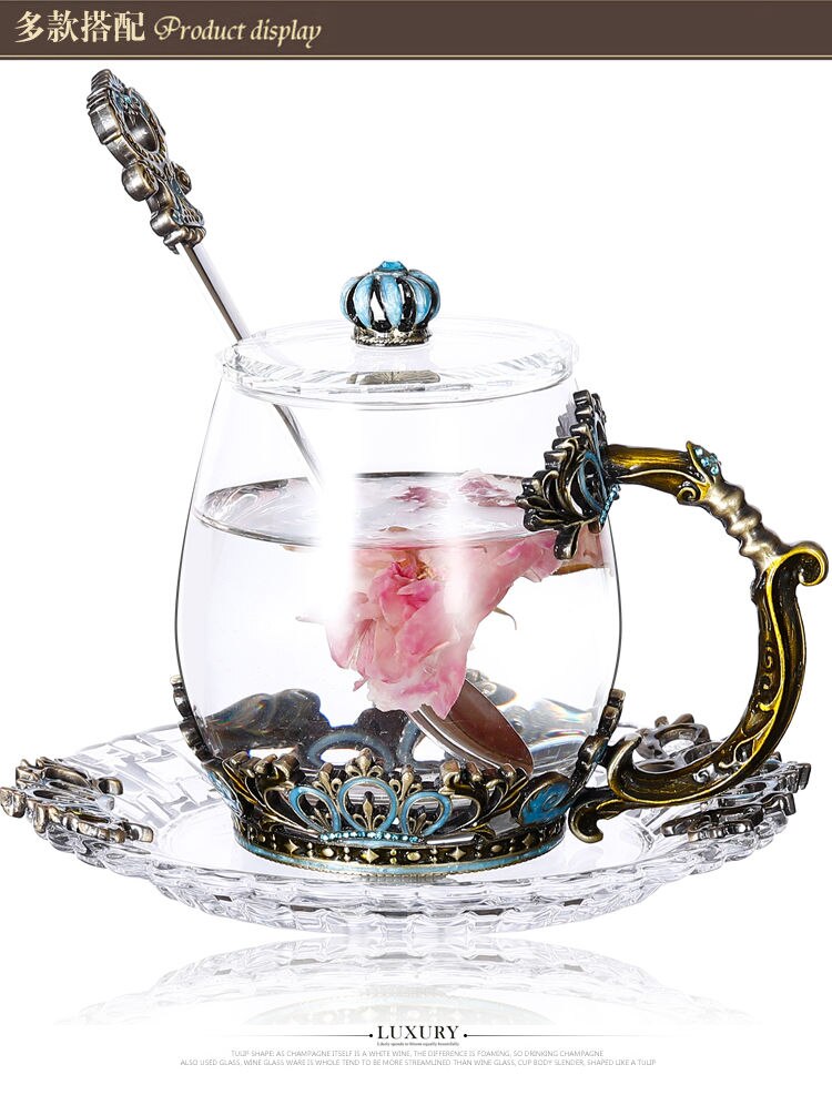 Leadfree Glass Tea Cup Set Floral Design For Family Office Gift - 9