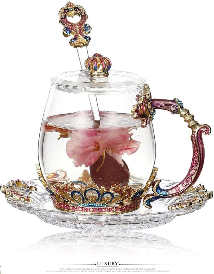 Leadfree Glass Tea Cup Set Floral Design For Family Office Gift - 11