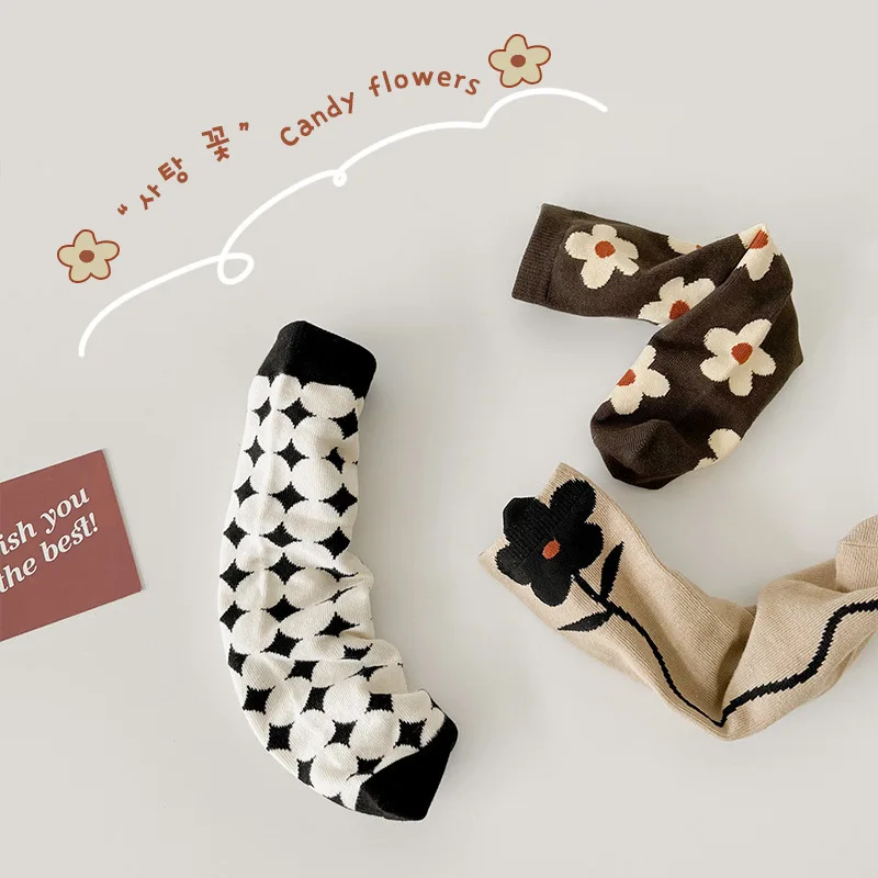 3pack Vintage Floral Cotton Socks For Girls Kawaii Medium Tube Kids Socks - 4