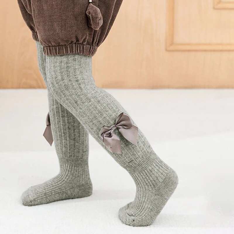 Girls Winter Fleecelined Knitted Tights With Cute Satin Bow Detail - 13