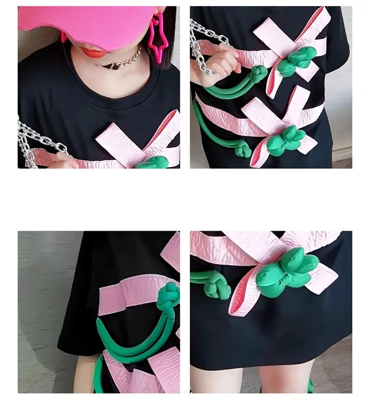 Summer Floral Patch Cotton Tshirt Dress For Girls Aged 614 Black - 11