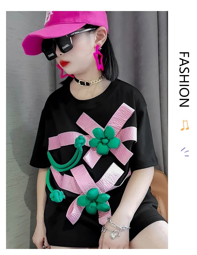 Summer Floral Patch Cotton Tshirt Dress For Girls Aged 614 Black - 15