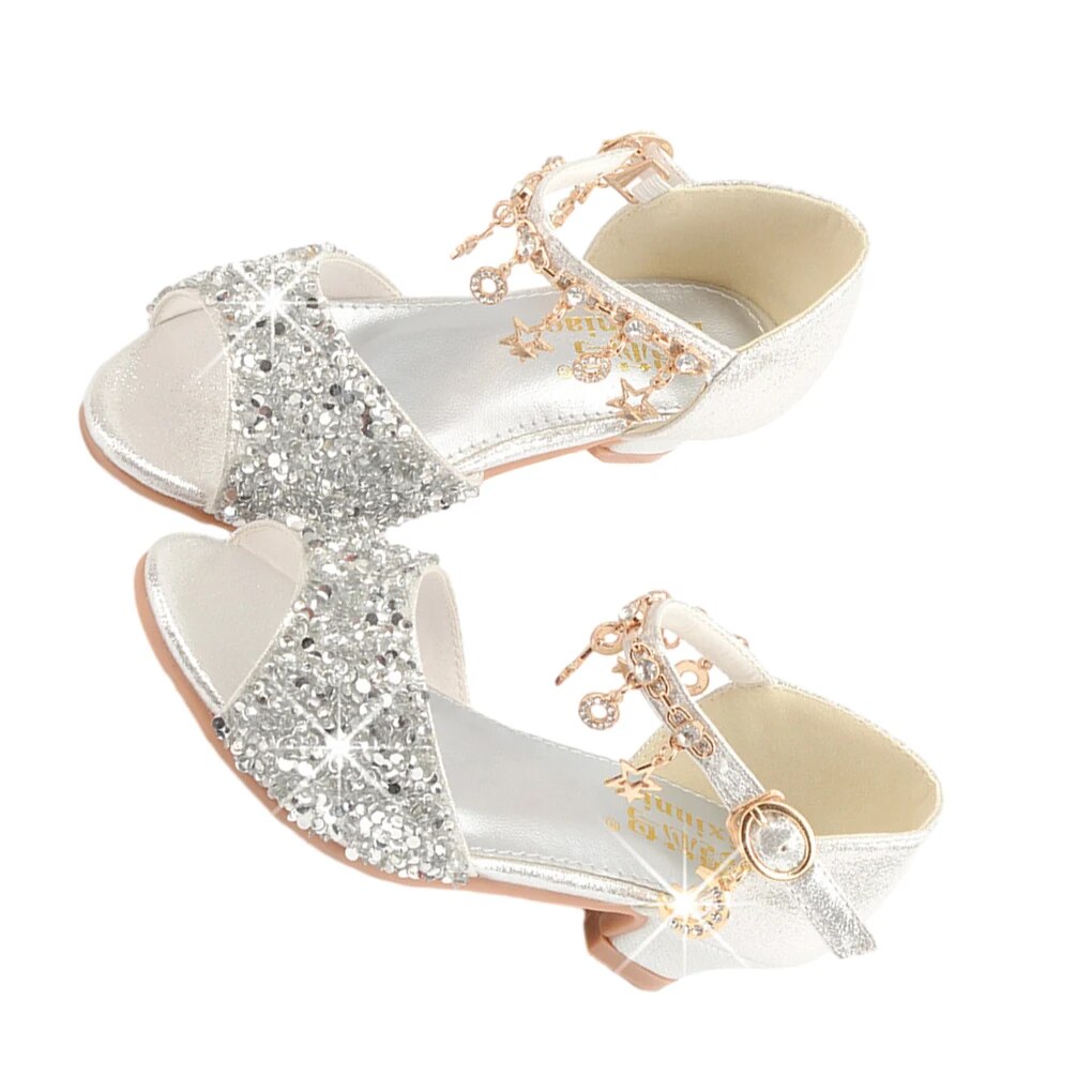 Girls Glitter Ballet Shoes High Heel Peep Toe Wedding Party Sandals - 17