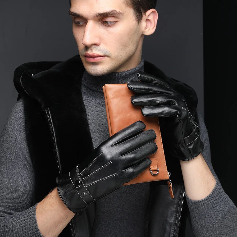 Mens Pu Leather Touch Screen Winter Gloves Windproof Waterproof Cycling Mittens - 15