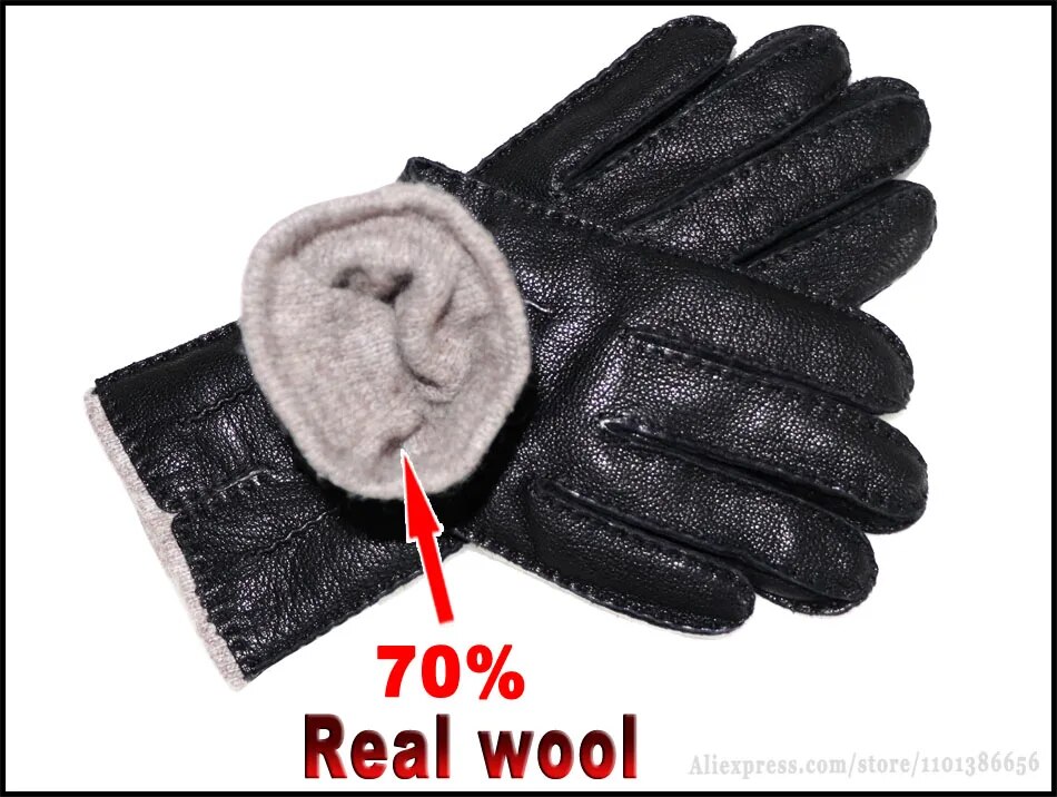 Unisex Deerskin Textured Goat Leather Winter Gloves With Wool Knit Lining - 30