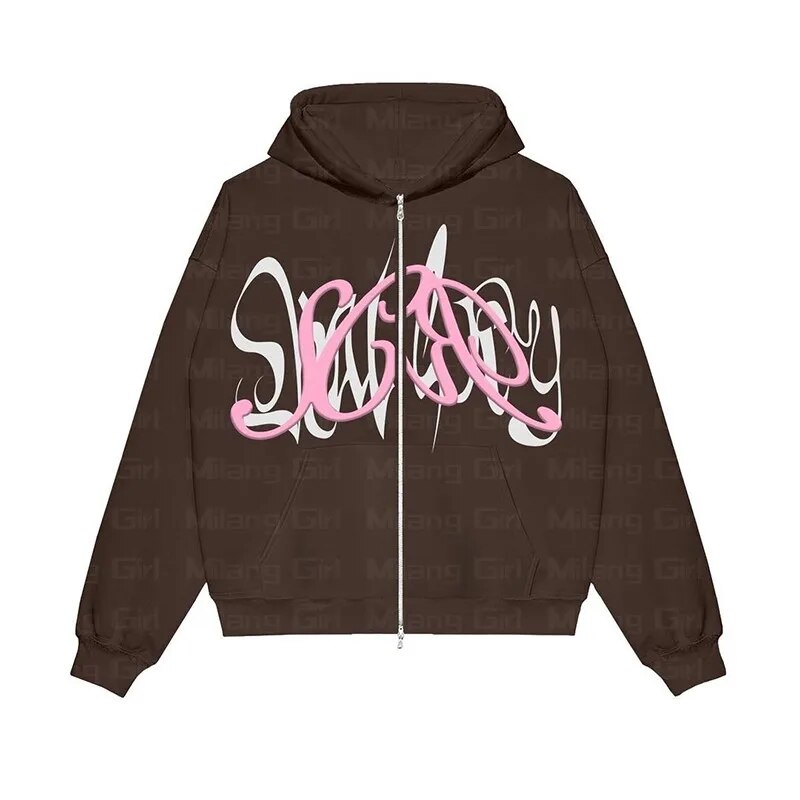 Mens Gothic Hip Hop Sweatshirt Hoodie Y2k Harajuku Embroidered Streetwear Zipup Jacket - 9