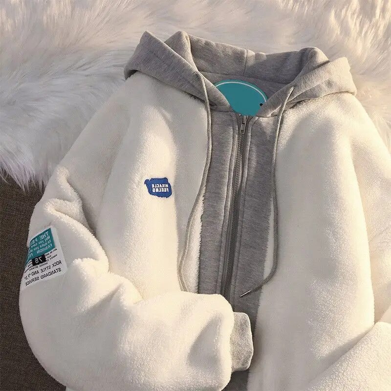 Winter Womens Hooded Lamb Wool Sweatshirt Thick Warm Padded Zipup Jacket - 8