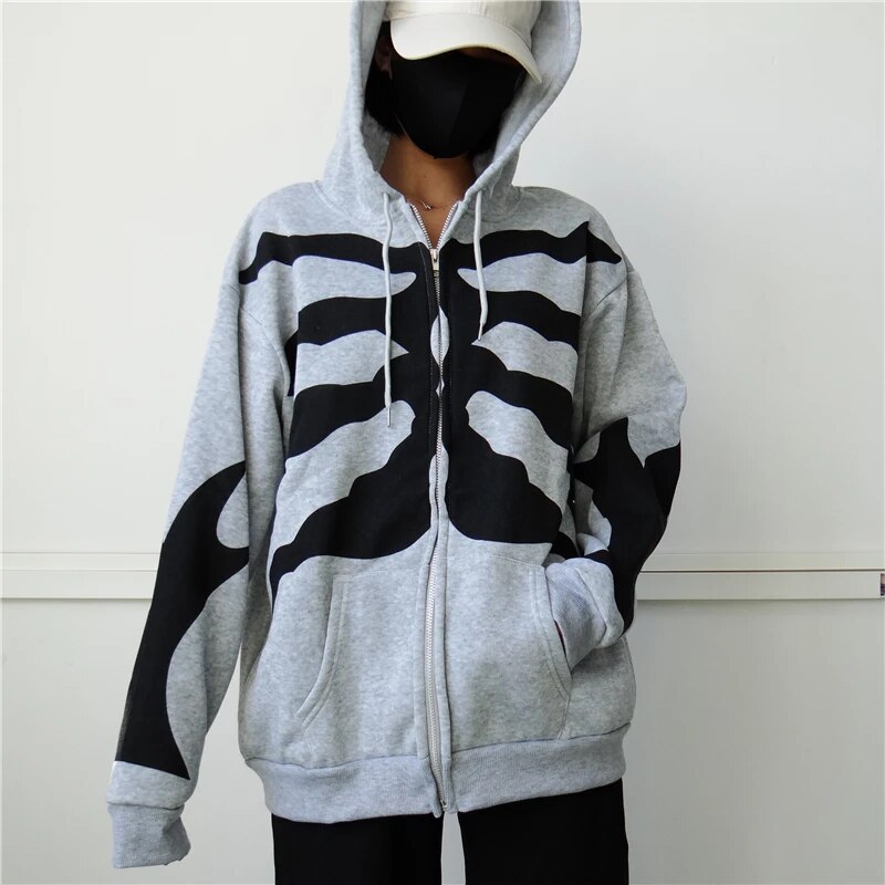 Mens Womens Y2k Gothic Skeleton Print Zipup Hoodie Sweatshirt - 32