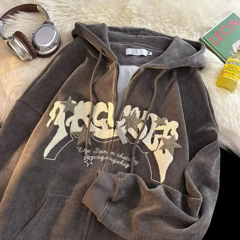 Y2k Vintage Star Embroidered Corduroy Hooded Jacket For Women - 5