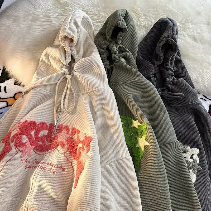 Y2k Vintage Star Embroidered Corduroy Hooded Jacket For Women - 2