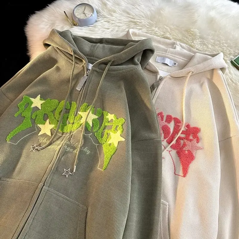 Y2k Vintage Star Embroidered Corduroy Hooded Jacket For Women - 3