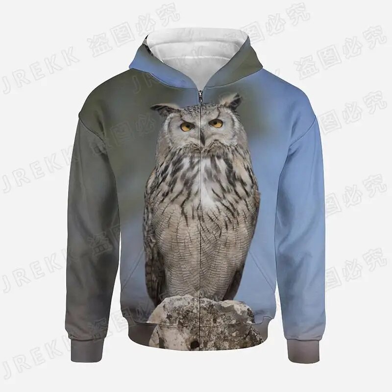 Unisex 3d Night Owl Print Zipup Hoodie With Long Sleeves - 20
