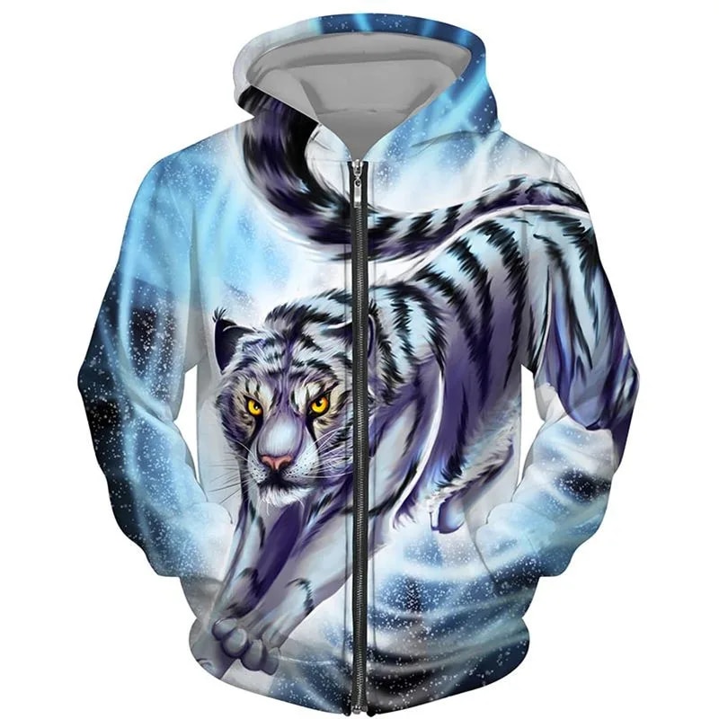 3d Tiger Lion Print Zipup Hoodie Unisex Oversized Animal Sweatshirt - 9