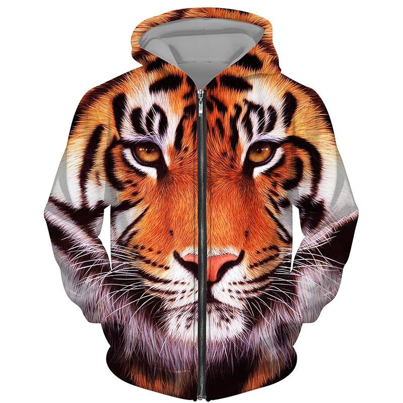 3d Tiger Lion Print Zipup Hoodie Unisex Oversized Animal Sweatshirt - 12