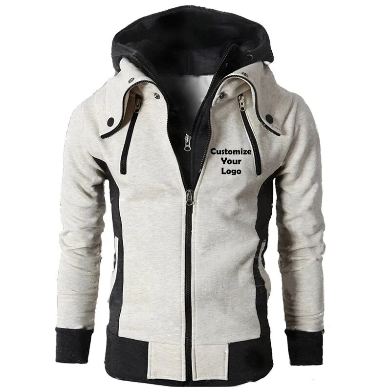 Mens Custom Logo Fleece Hoodie High Collar Zipup Winter Autumn Jacket - 8