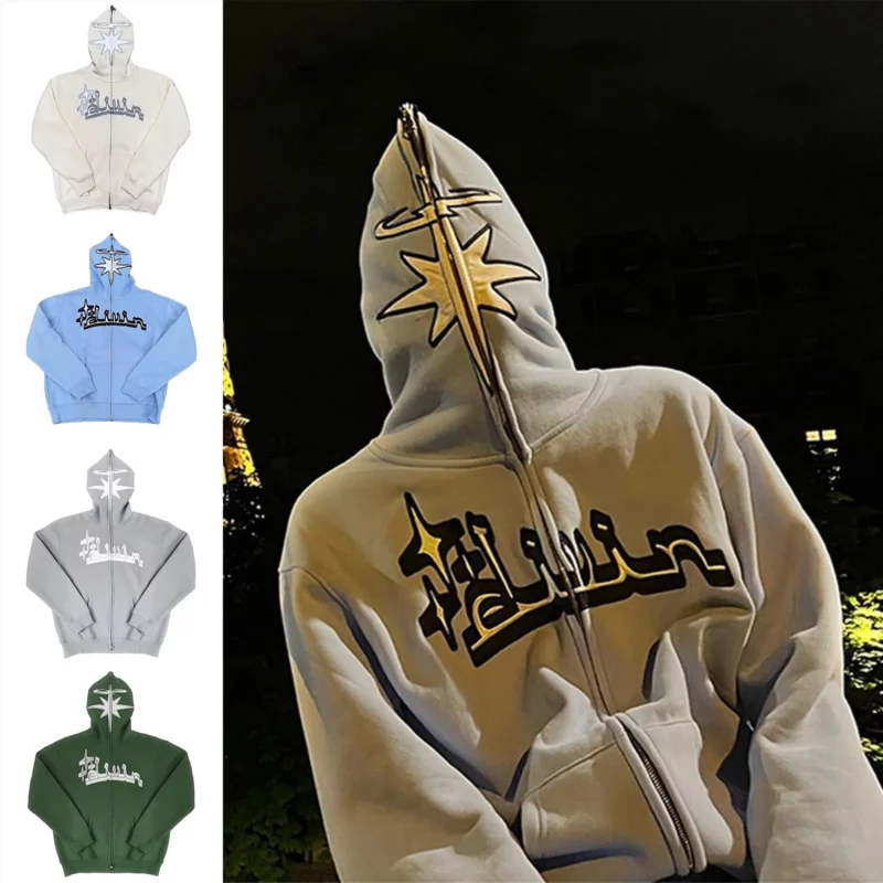 Vintage Y2k Embroidered Hooded Sweatshirts For Men Women Oversized Harajuku Gothic Zip Hoodies - 1