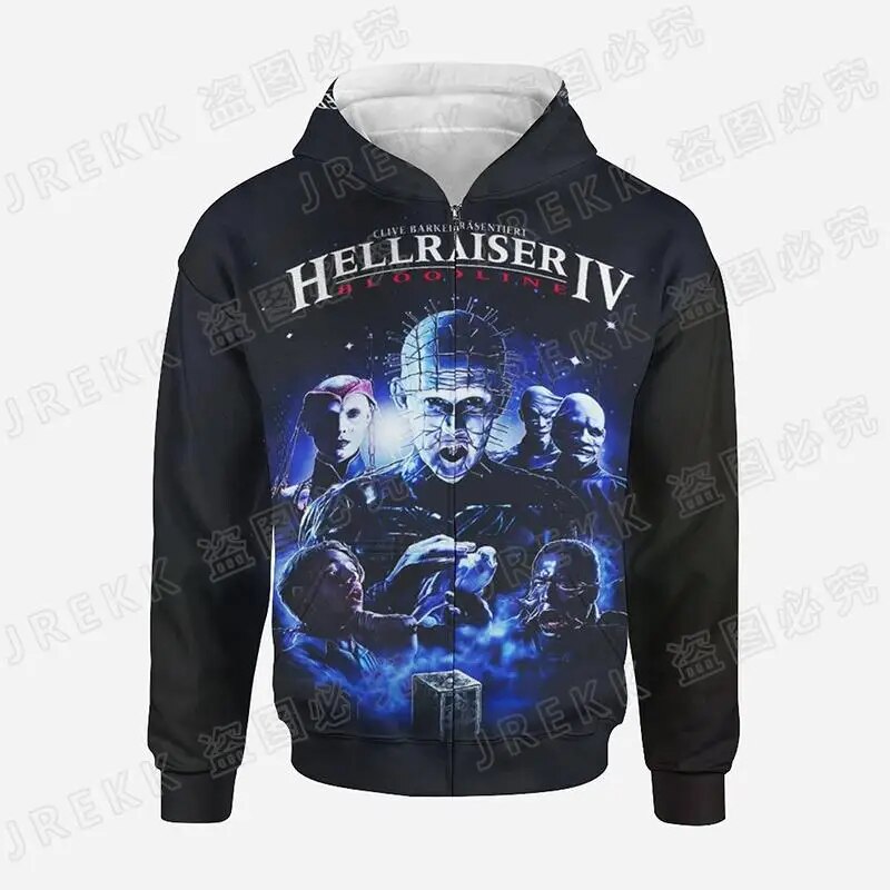 3d Printed Hellraiser Horror Movie Hoodie Unisex Goth Streetwear Zipup Coat - 24